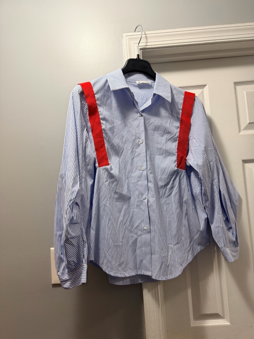 Costal Bloom boutique Striped Button-Up Shirt nautical style blouse Red Straps